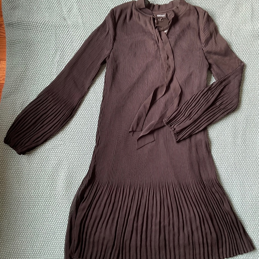 DKNY Womens Black Pleated Long Sleeve Tie Neck Short Wear To Work Shift Dress 4